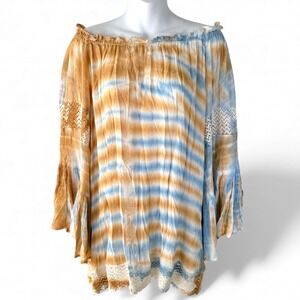 Womens Tie Dye Boho Tunic Top Medium Crochet Lace Bell Sleeves Peasant Festival